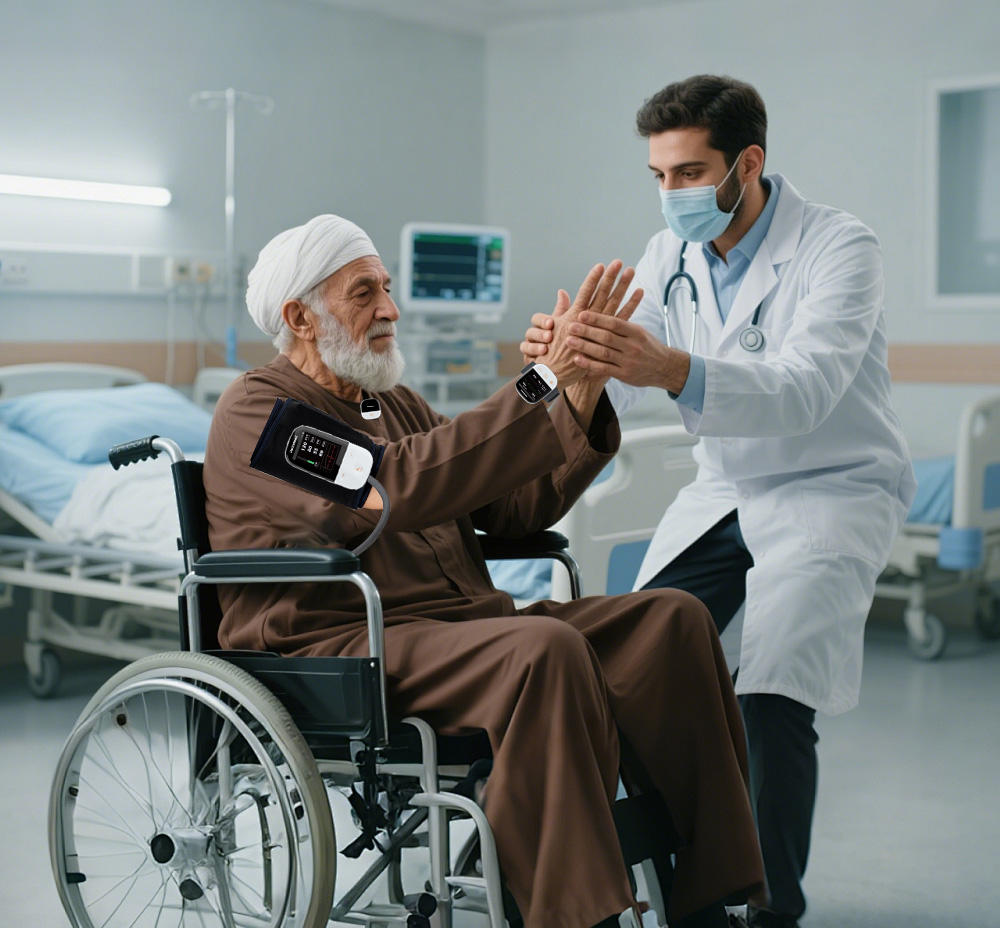 Patient wearing monitoring terminal doing rehabilitation training with walker