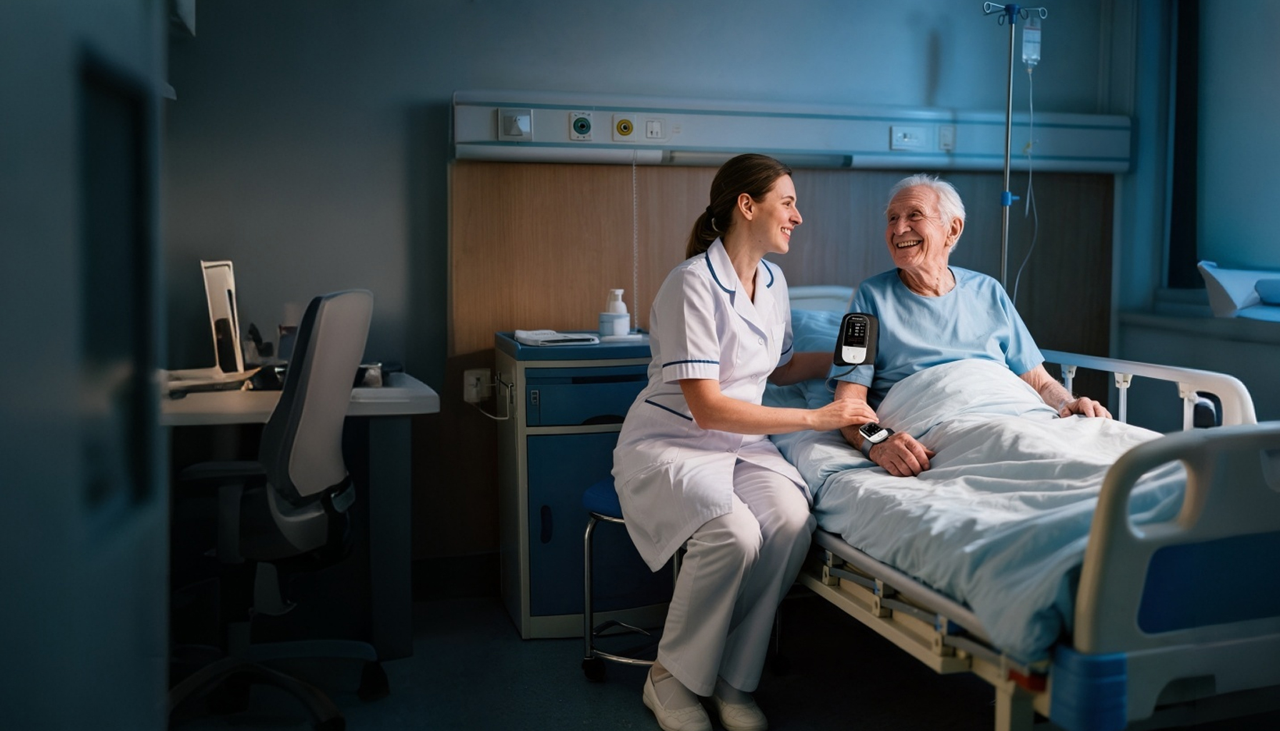 Hospital ward nurse checking live monitoring data for patient wearing upper-arm wearable monitor