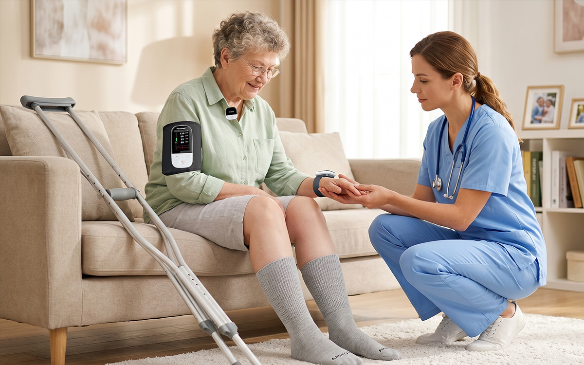 Elder sitting on home sofa during day, monitoring terminal continuously tracks vital signs