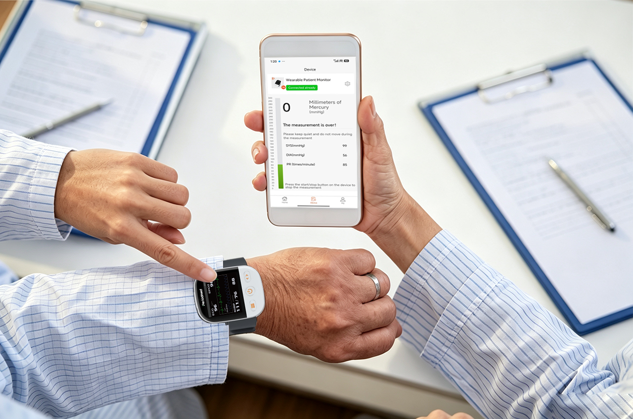 Remote viewing of wearable terminal BP, HR, and SpO2 data on phone App